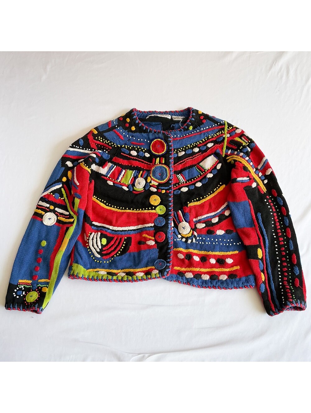 Michael Simon Vintage Colorful Embroidered Art-to-Wear Cardigan Boho Size OS/Med